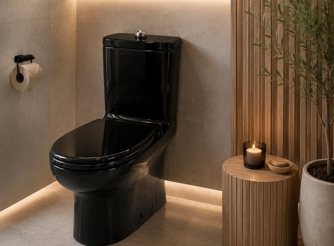 Toilette en céramique noire installée dans une salle d'eau