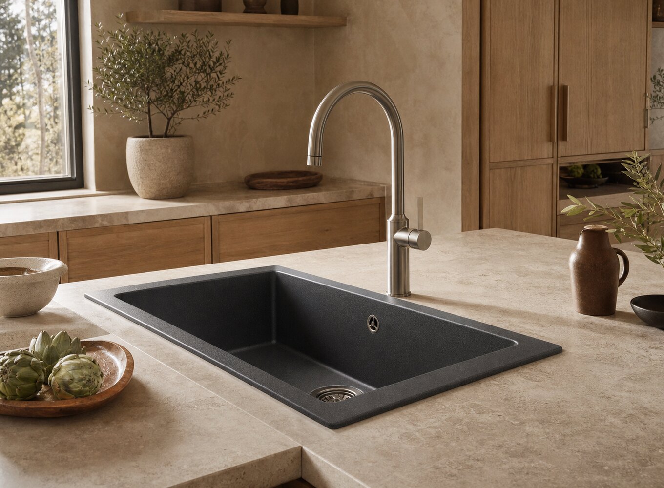 Évier en granit noir installé dans une cuisine contemporaine aux tons naturels