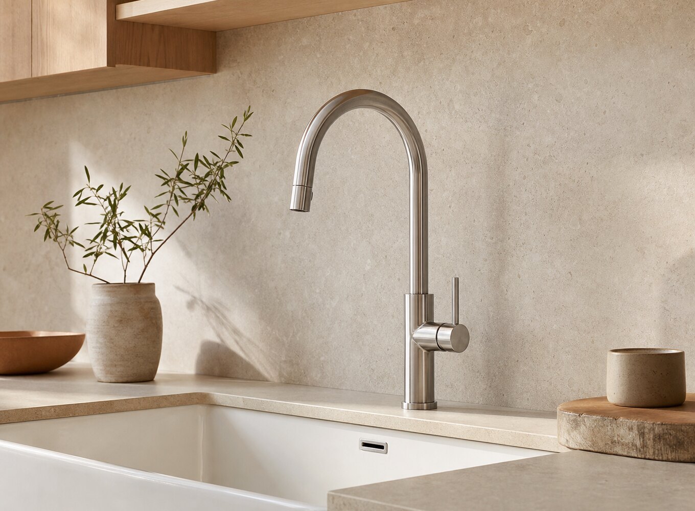 Mitigeur de cuisine en métal brossé installé avec un évier blanc