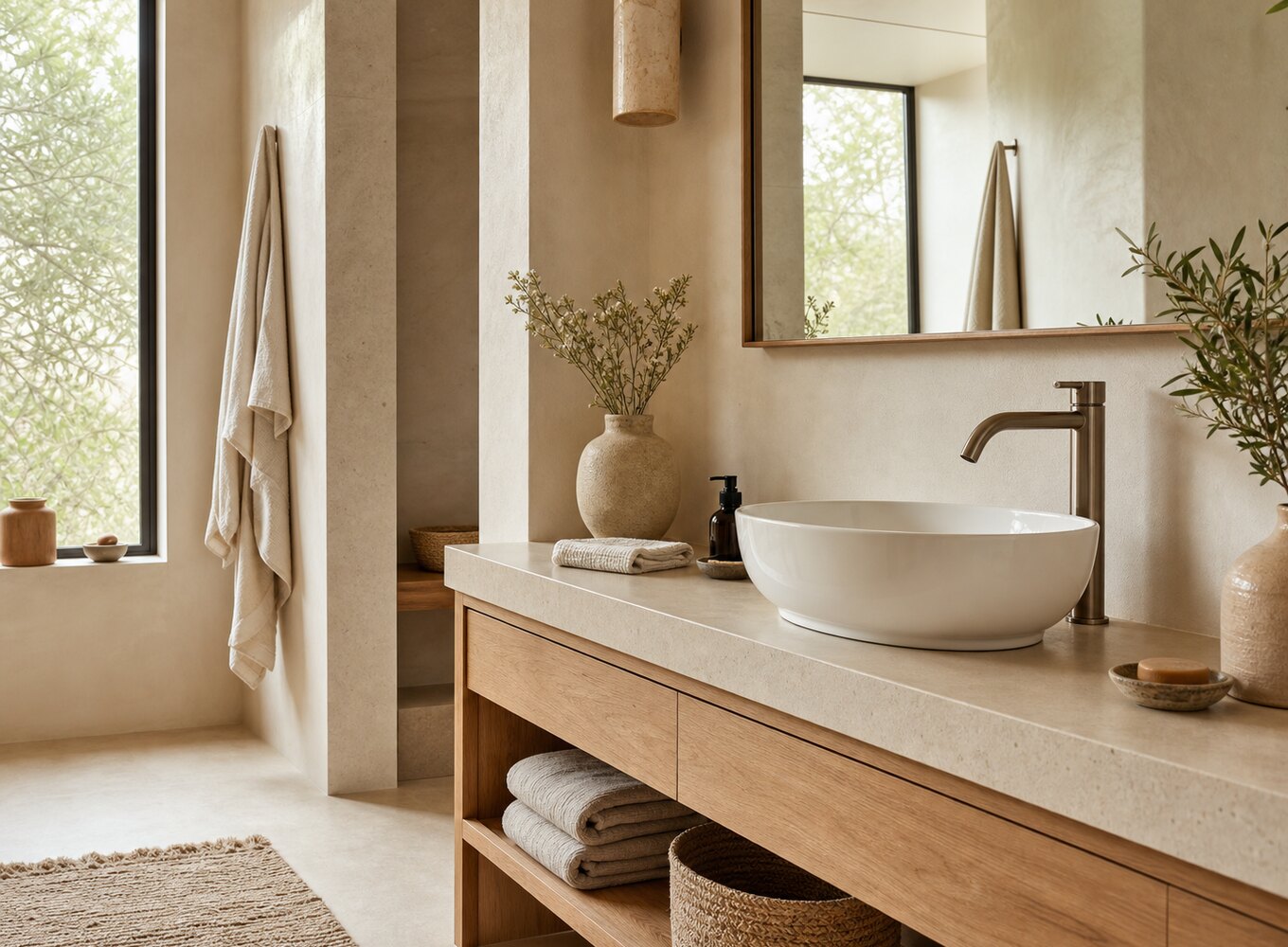Salle de bain lumineuse avec vasque en céramique blanche et meuble en bois clair