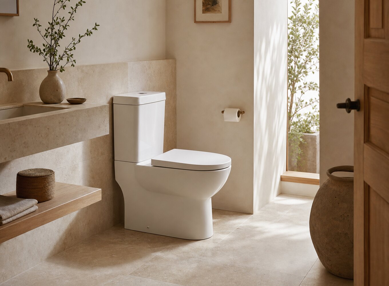 Toilettes contemporaines en céramique blanche dans un espace aux tons naturels