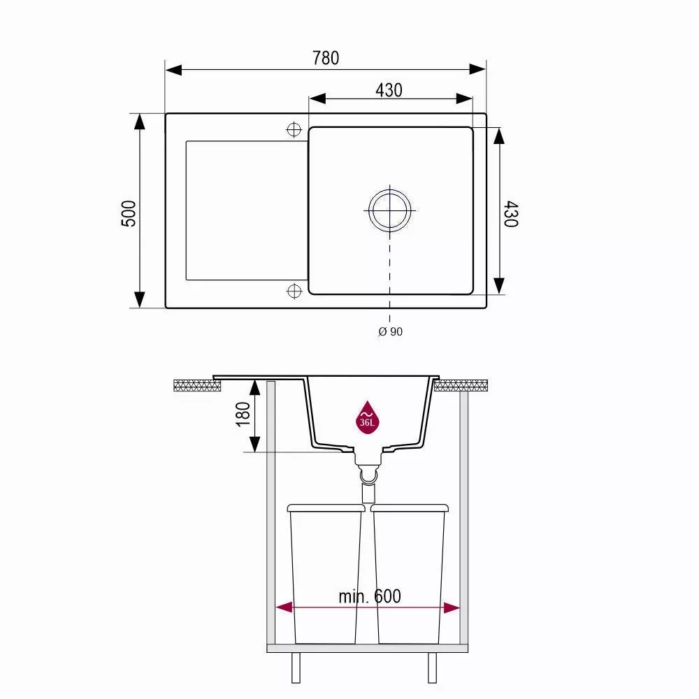 Plan coté de l’évier Brenor Alkor CC : 780 × 500 mm, bac carré de 430 × 430 mm profond de 180 mm, bonde Ø 90 mm, meuble de 600 mm