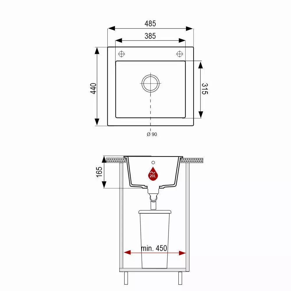 Plan coté de l’évier Brenor Argo : 485 × 440 mm, bac de 385 × 315 mm profond de 165 mm, bonde Ø 90 mm, meuble de 450 mm