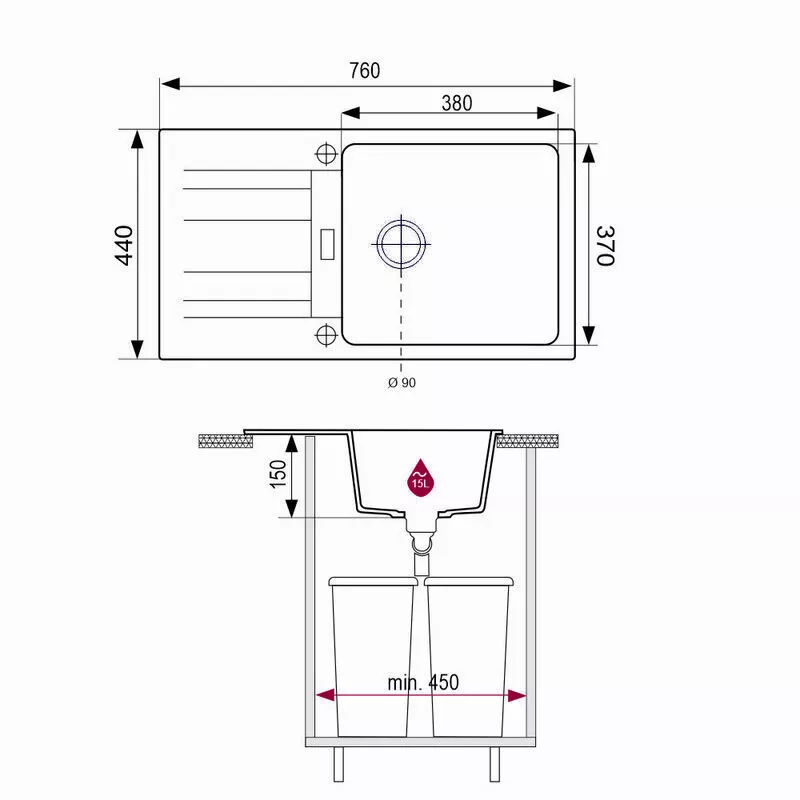 Plan technique coté de l'évier Brenor Athena 760 × 440 mm