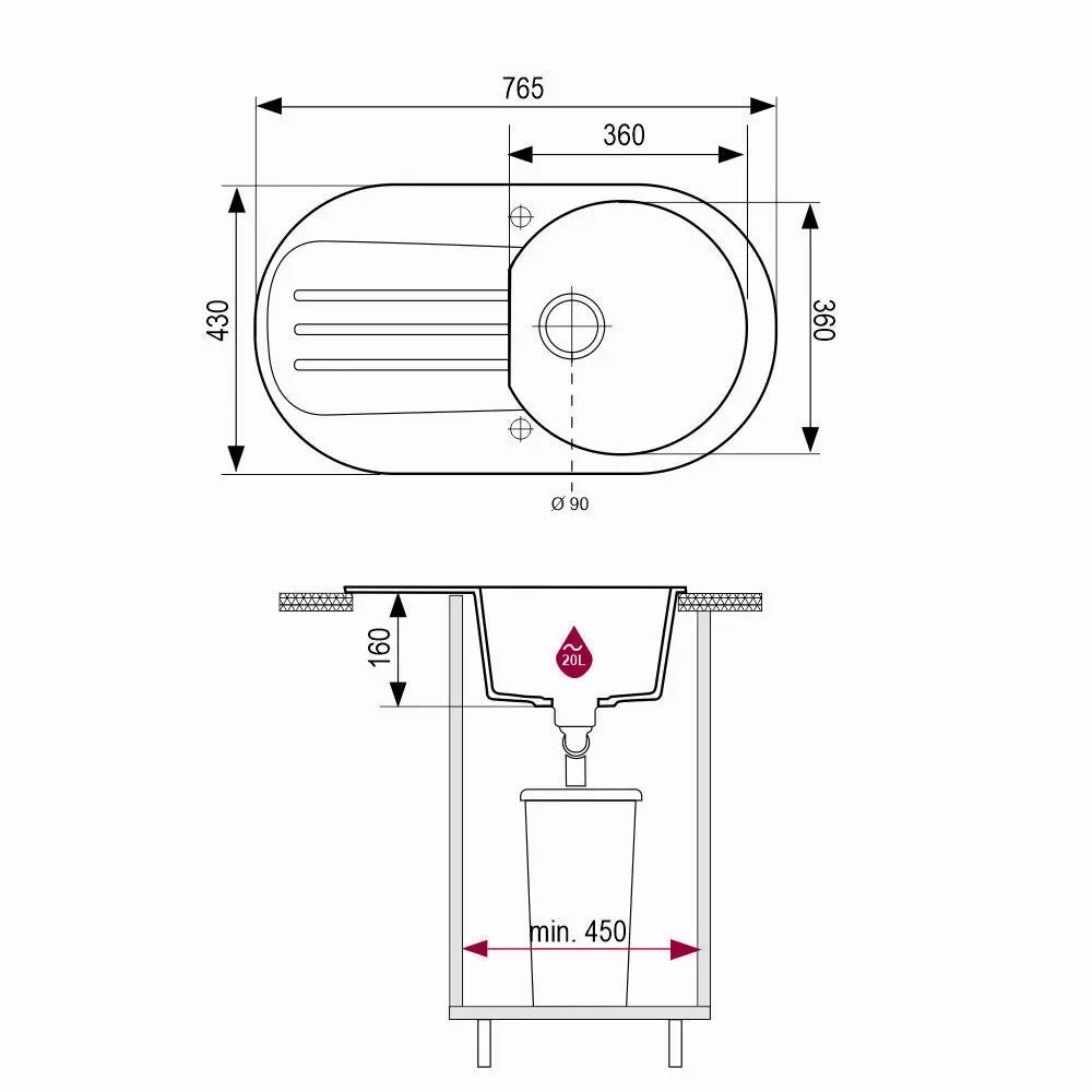 Plan coté de l’évier Brenor Atom : 765 × 430 mm, bac rond de Ø 360 mm, profondeur 160 mm, bonde Ø 90 mm et meuble de 450 mm