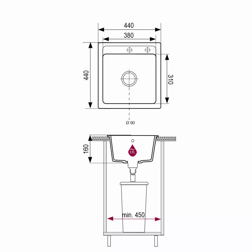 Plan coté de l’évier Brenor Bella : 440 × 440 mm, bac 380 × 310 mm, bonde Ø 90 mm et perçages Ø 35 mm