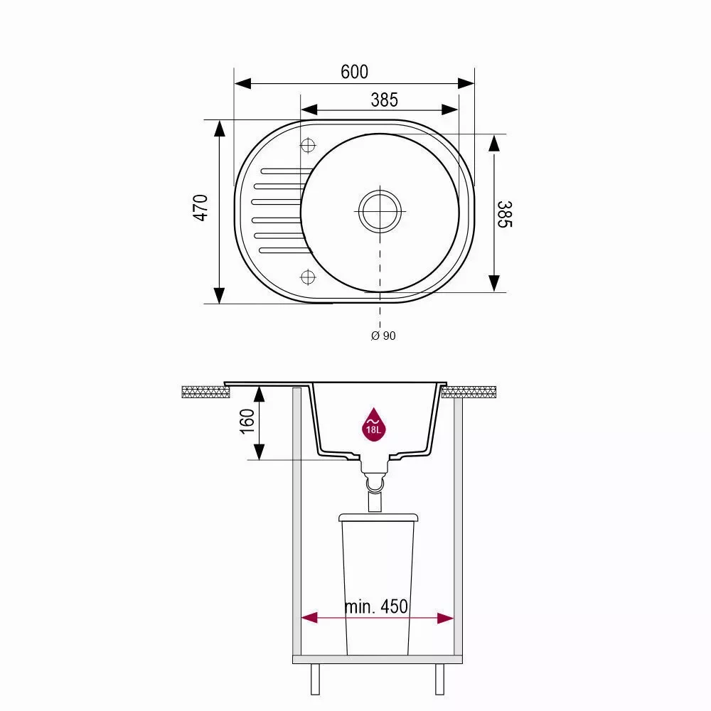 Plan coté de l’évier Brenor Came : 600 × 470 mm, bac rond de Ø 385 mm, profondeur 160 mm, bonde Ø 90 mm et meuble de 450 mm