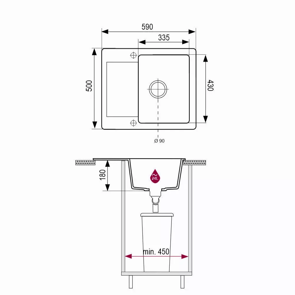 Plan coté de l’évier Brenor Cordeo 59 : 590 × 500 mm, bac 335 × 430 mm, profondeur 180 mm, bonde Ø 90 mm et meuble de 450 mm