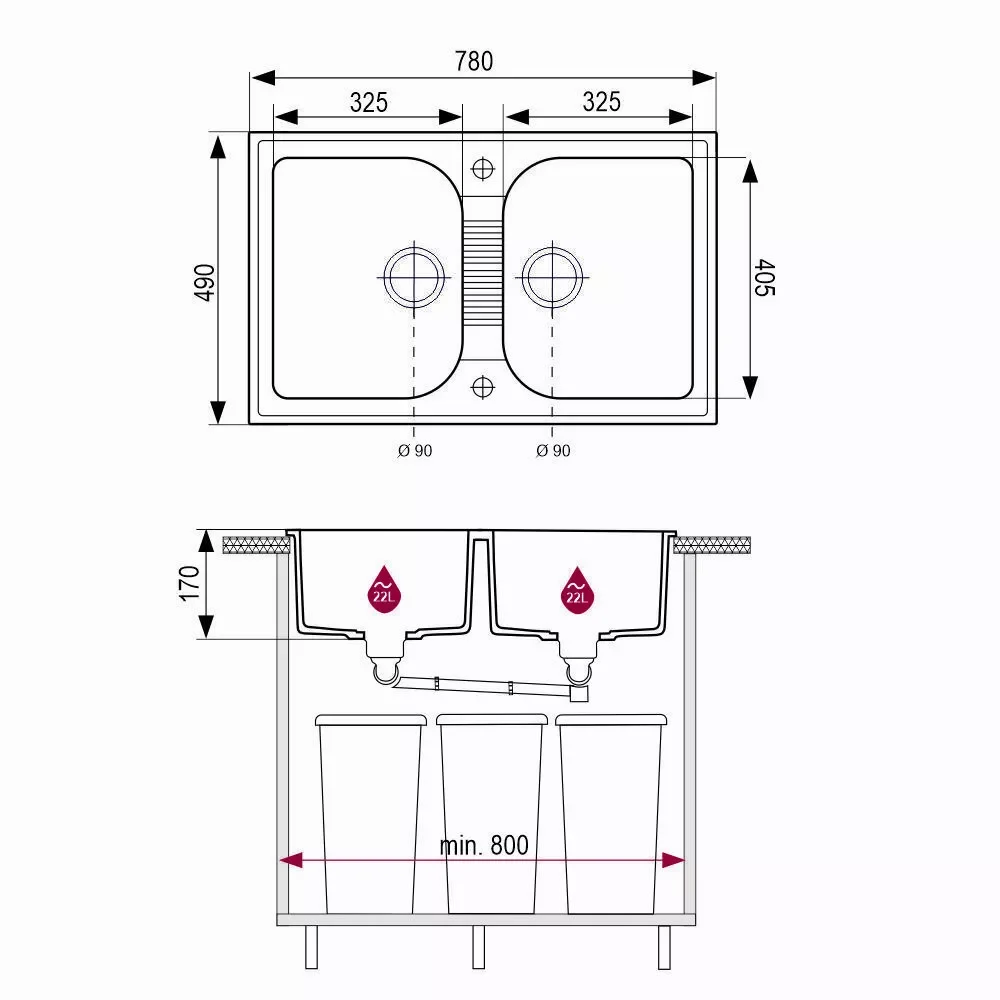Plan coté de l’évier Brenor Elios 20 : 780 × 490 mm, deux bacs de 325 × 405 mm profonds de 170 mm, bondes Ø 90 mm, meuble de 800 mm
