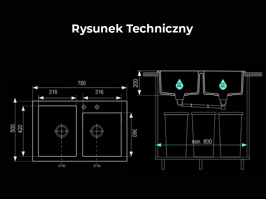 Plan coté de l’évier Brenor Estein 2K : 780 × 500 mm, bacs de 316 × 420 et 316 × 360 mm profonds de 200 mm, bondes Ø 90 mm, meuble de 800 mm