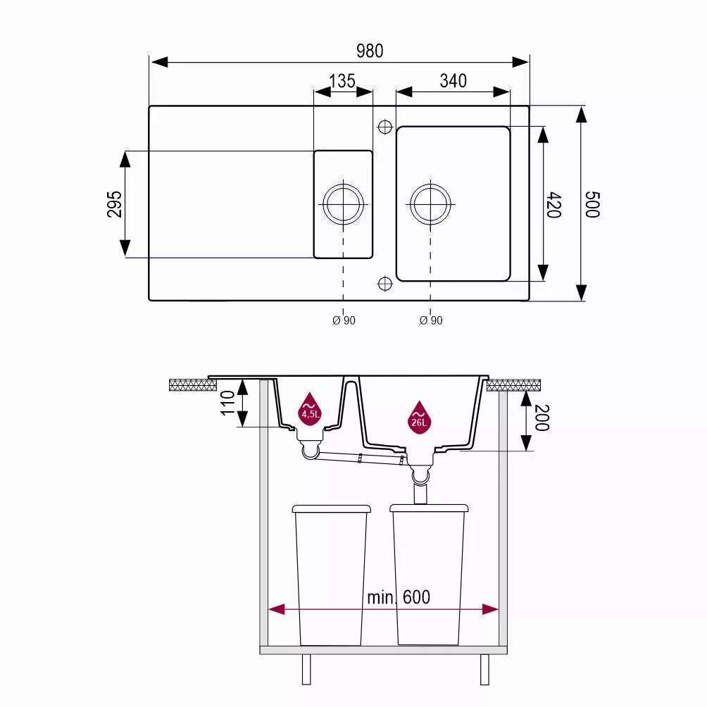 Plan coté de l’évier Brenor Estein 98 : 980 × 500 mm, grand bac 340 × 420 mm profond de 200 mm, demi-bac 135 × 295 mm, meuble de 600 mm