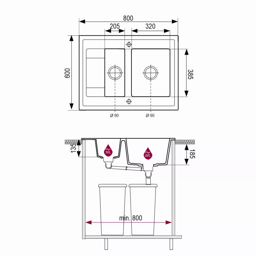 Plan coté de l’évier Brenor Grande 15 : 800 × 600 mm, grand bac 320 × 385 mm de 22 litres, demi-bac 205 × 385 mm de 10 litres, meuble de 800 mm