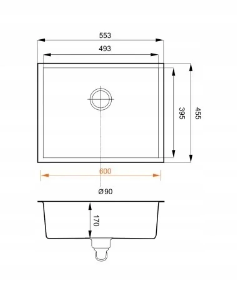 Plan coté de l’évier Brenor Junit 56 : 553 × 455 mm, bac 493 × 395 mm, profondeur 170 mm, meuble de 600 mm