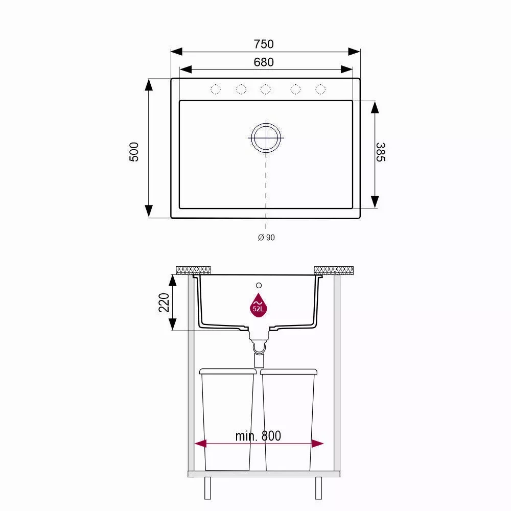 Plan coté de l’évier Brenor Martel 1K75 : 750 × 500 mm, bac de 680 × 385 mm profond de 220 mm, 52 litres, meuble de 800 mm