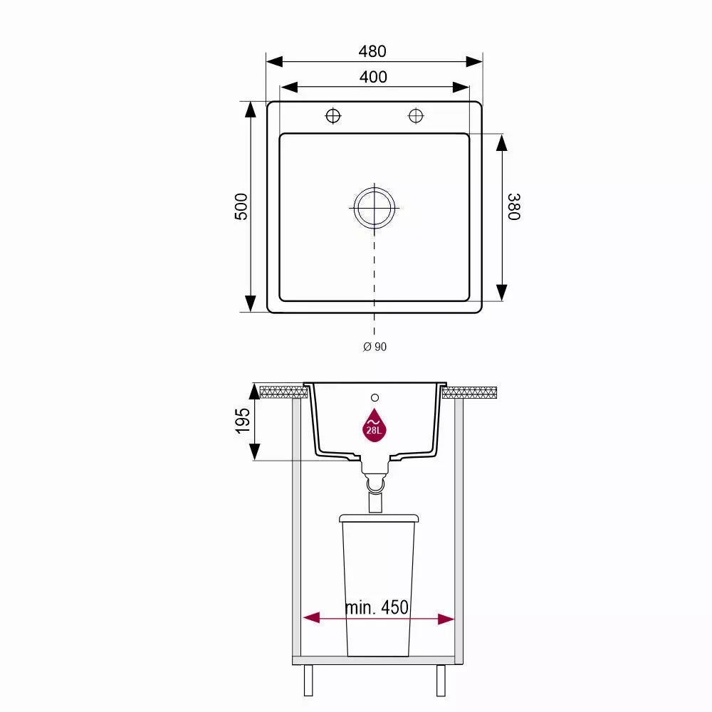 Plan coté de l’évier Brenor Mingus 50 : 480 × 500 mm, bac de 400 × 380 mm profond de 195 mm, 28 litres, bonde Ø 90 mm, meuble de 450 mm