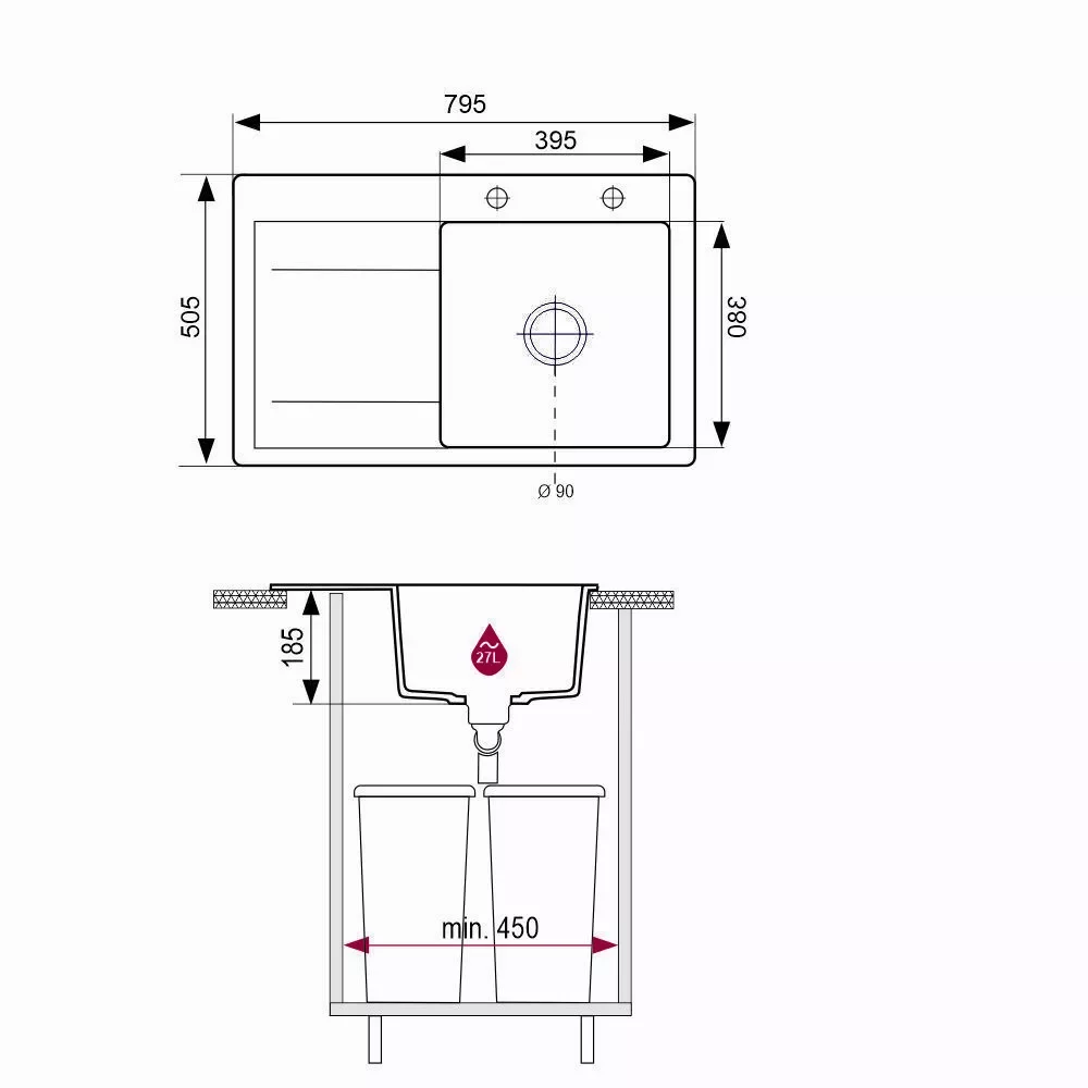 Plan coté de l'évier Brenor Mingus 80P 795 × 505 mm