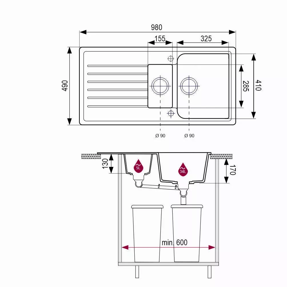 Plan coté de l’évier Brenor Napoli : 980 × 490 mm, grand bac 325 × 410 mm de 34 litres, demi-bac 155 × 285 mm, meuble de 600 mm