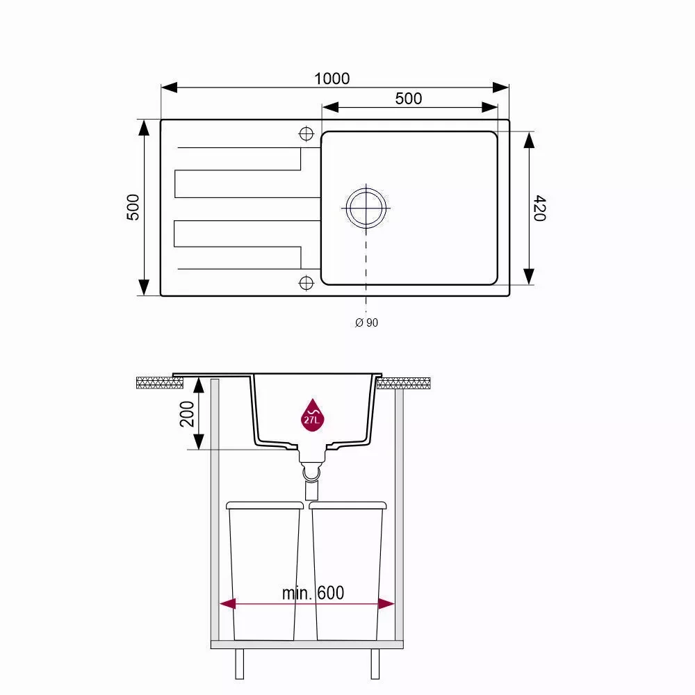 Plan coté de l’évier Brenor Neli 100 : 1000 × 500 mm, bac de 500 × 420 mm profond de 200 mm, 27 litres, meuble de 600 mm