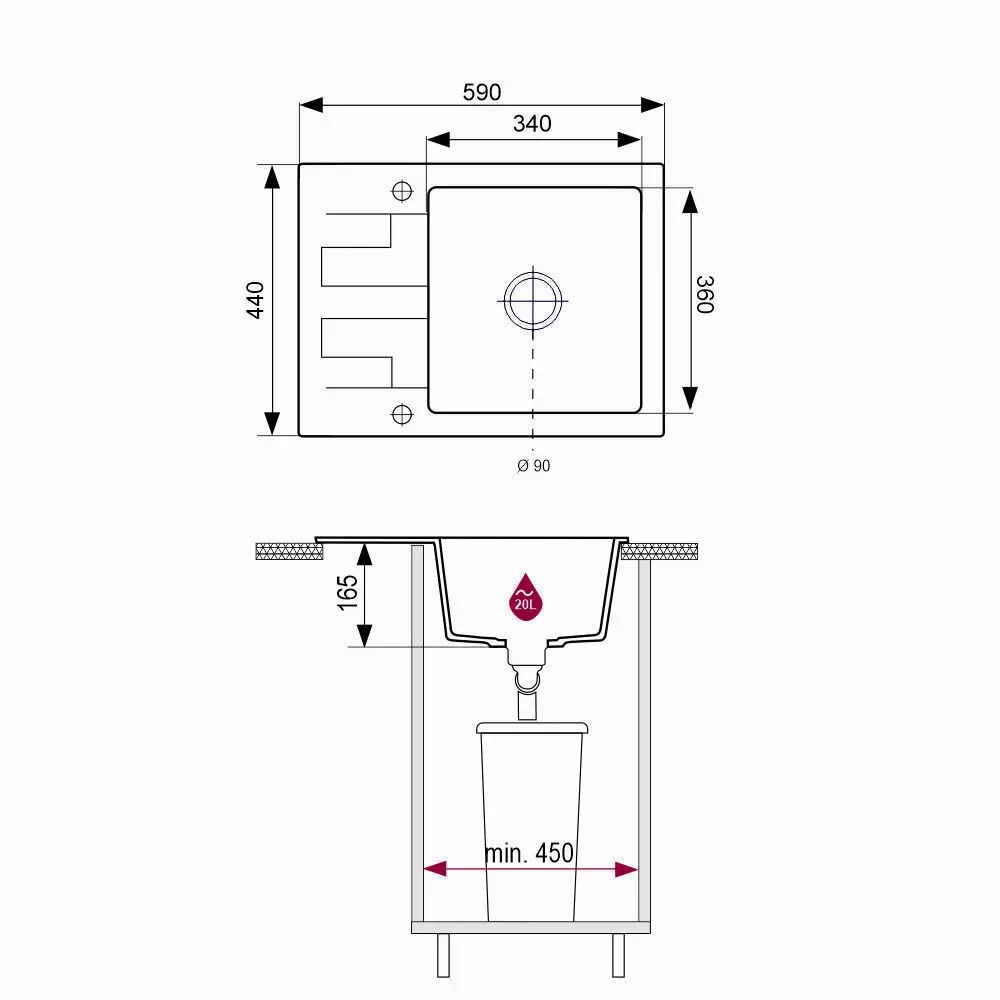 Plan coté de l’évier Brenor Neli 59 : 590 × 440 mm, bac 340 × 360 mm, profondeur 165 mm, bonde Ø 90 mm et meuble de 450 mm