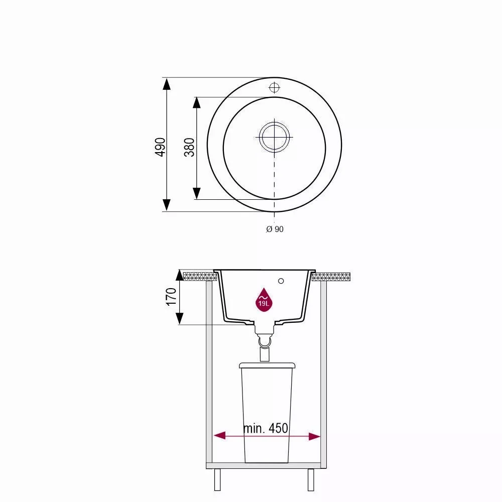 Plan coté de l’évier rond Brenor Rado : Ø 490 mm hors tout, bac Ø 380 mm, profondeur 170 mm, bonde Ø 90 mm et meuble de 450 mm