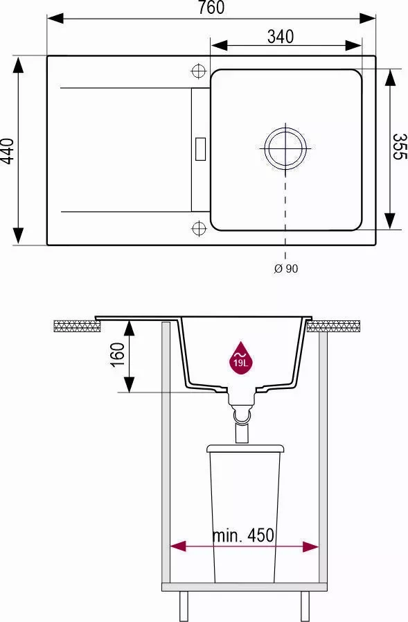 Plan coté de l’évier Brenor Runner : 760 × 440 mm, bac de 340 × 335 mm profond de 160 mm, bonde Ø 90 mm, meuble de 450 mm