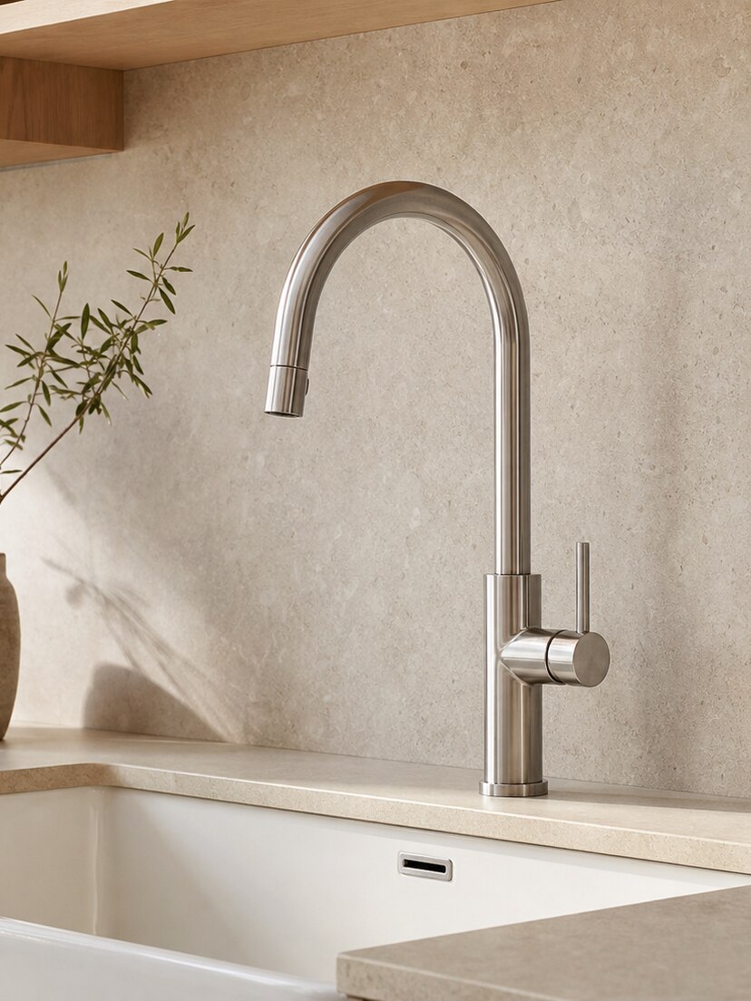 Mitigeur de cuisine en métal brossé installé avec un évier blanc