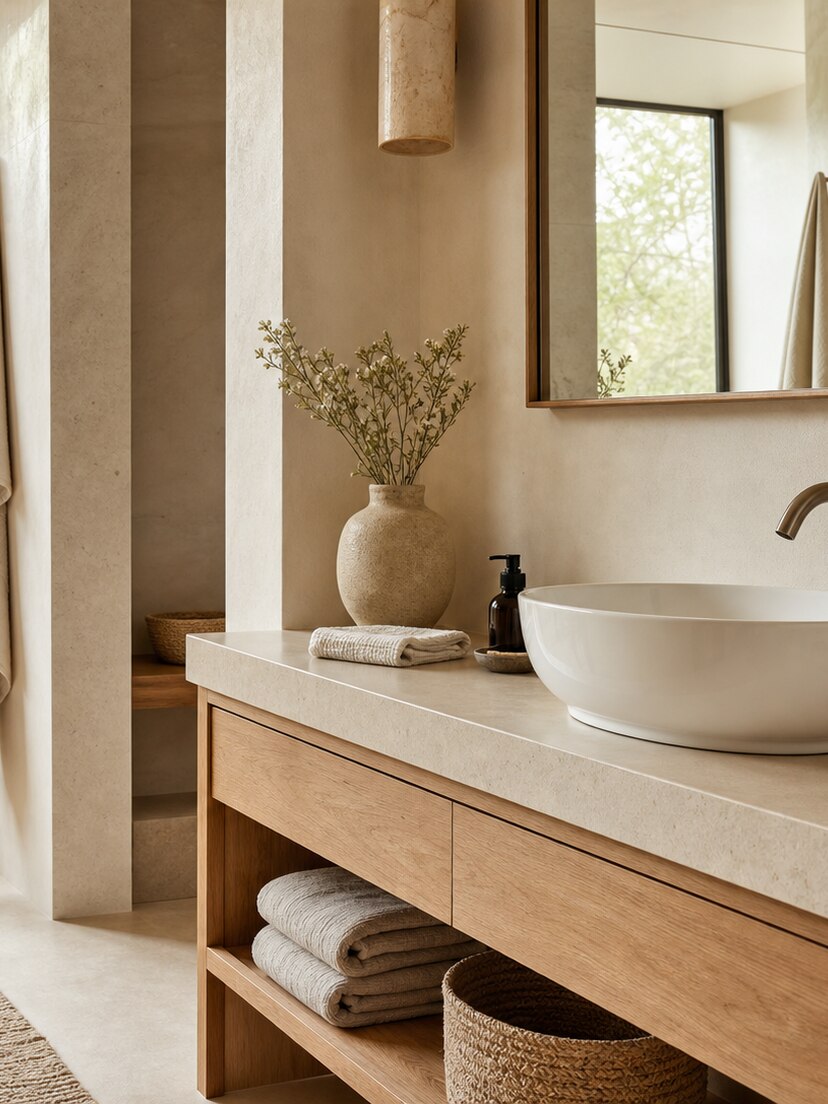 Salle de bain lumineuse avec vasque en céramique blanche et meuble en bois clair