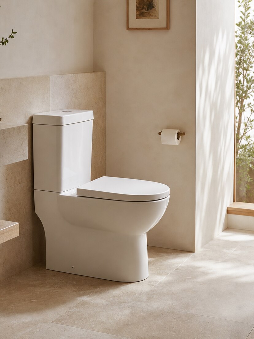 Toilettes contemporaines en céramique blanche dans un espace aux tons naturels